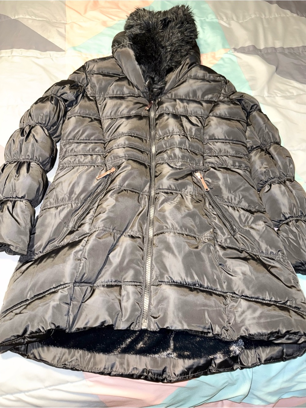 Fashion Nova Black Quilted Puffer Coat with Faux Fur Hood